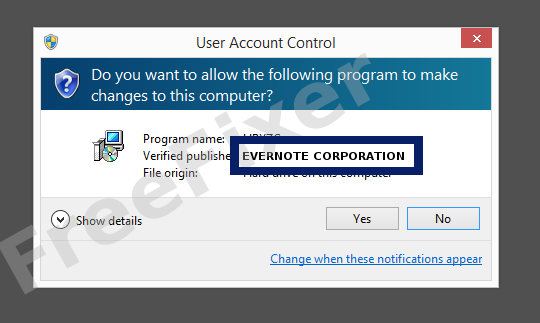 Screenshot where EVERNOTE CORPORATION appears as the verified publisher in the UAC dialog